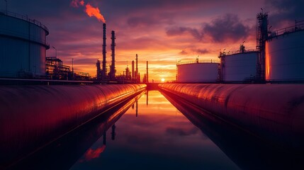 A sunset over a city skyline with a large oil refinery in the background. The sky is orange and the water is reflecting the sky