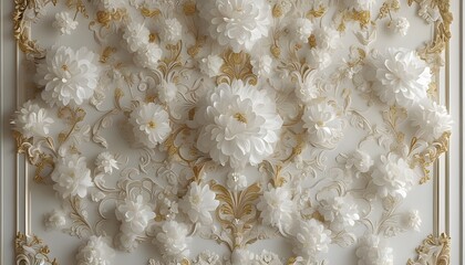 Luxurious intricate white and gold floral pattern on textured wall, perfect backdrop for upscale design projects