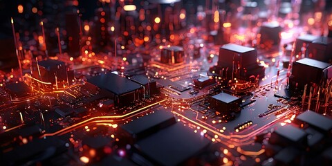 Poster - A computer chip with a lot of orange lights on it