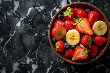 Wall Mural - Fresh Fruit Bowl with Strawberries, Bananas, and Blueberries on Marble Surface - Perfect for Healthy Eating and Food Photography