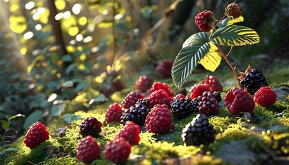 Poster - Sunlit forest floor adorned with ripe raspberries and blackberries amidst lush moss and dappled light from overhead leaves