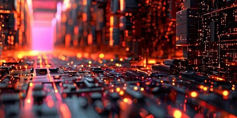 Poster - A computer generated image of a city with a neon orange glow
