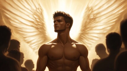 Poster - Archangel Mikhael shielding a group of people with his wings, looking strong and protective, surrounded by divine light 