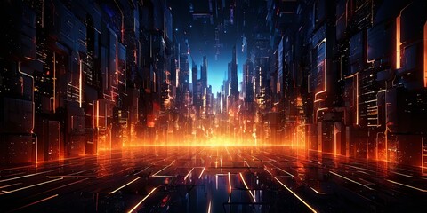 Poster - A cityscape with a bright orange glow in the background