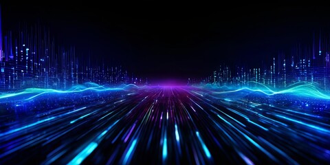 Poster - A cityscape with a blue sky and purple and blue lights