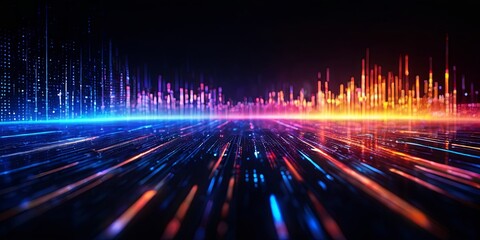 Poster - A colorful cityscape with a blue line running through it