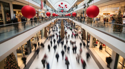 Poster - Black Friday crowd inside a mall, with people rushing past stores, grabbing deals, and a bustling atmosphere 