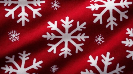 Poster - Bright red flannel fabric with large white snowflake motifs and small glitter accents throughout 