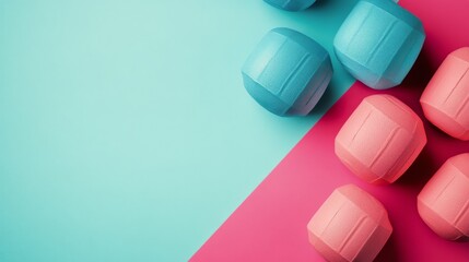 Brightly colored dumbbells arranged on a pink and blue background for fitness motivation