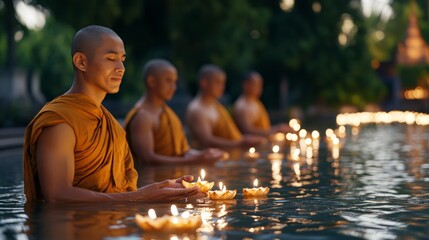 Poster - Buddhist monks in saffron robes releasing krathongs into a temple pond, surrounded by the soft glow of candlelight and reflections 