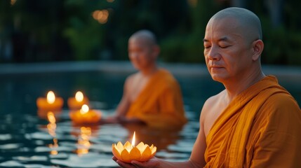 Wall Mural - Buddhist monks in saffron robes releasing krathongs into a temple pond, surrounded by the soft glow of candlelight and reflections 