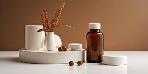 Poster - A white vase with a brown bottle of pills