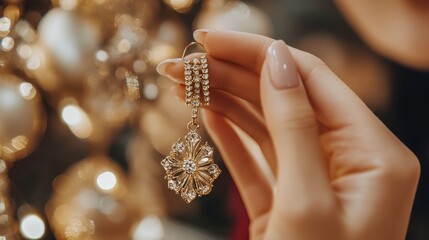  Close-up of a woman's hand holding a pair of earrings with a 'HOT SALE' tag, elegant details on the accessory, vibrant and sharp