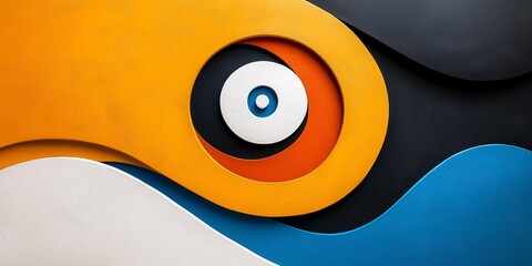 Poster - Abstract Wavy Design: A captivating abstract design featuring swirling, layered shapes in vibrant orange, black, white, and blue. The design creates a mesmerizing optical illusion