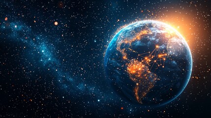 Wall Mural - In a computer screen, there is an image of the Earth with points of light, like stars in the night sky. The image shows how the world is interconnected.