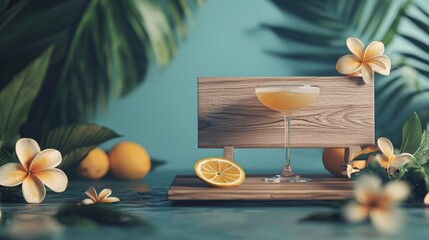 Wall Mural - This poster or banner template features a wooden sign and a tropical beach scene with the sun and party elements.