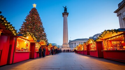 Wall Mural - Christmas market in London’s Trafalgar Square, with colorful booths, a large tree, and Nelson's Column illuminated in the background 