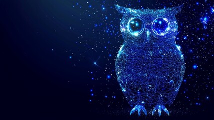 Wall Mural - Low-poly wireframe illustration of a owl depicted as a modern polygonal image of a starry sky or cosmic scene with points, lines, and shapes