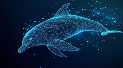 Polygonal jumping dolphins on technology blue backgrounds. Concept for low poly marine life in 3D.