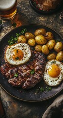 Wall Mural - Delicious grilled steak with fried eggs and baby potatoes served on a rustic table