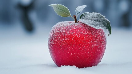 A red apple with a green leaf on top is covered in snow. Concept of freshness and the beauty of nature during the winter season