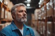 © Nataliia_Trushchenko - A man with a beard and gray hair is standing in a warehouse. He is wearing a blue shirt and a blue hat