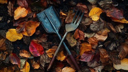 Poster - Illustrate a scene of a garden fork and spade resting on a bed of colorful leaves, with the surrounding forest in autumn creating a tranquil and picturesque setting.