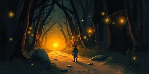 Alone Little boy goes on a trip in magic forest landscape digital art illustration.