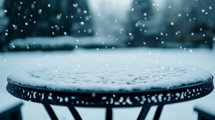 Wall Mural - Falling snow over a vintage wrought-iron table, soft light reflecting on the snow-covered surface 