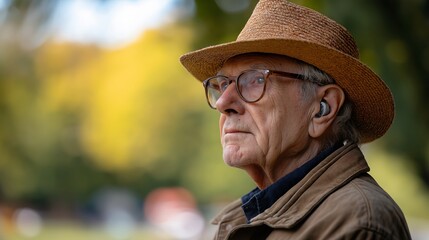 Wall Mural - A man wearing a straw hat and glasses is standing in a park. He is looking off into the distance