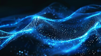 Poster - Abstract blue waves with glowing particles creating a dynamic flow in a dark space