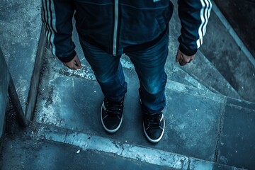 Standing man wearing blue skinny jeans, slim body.