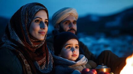 Canvas Print - Family gathered outdoors on Yalda Night, bundled in warm clothes, sharing fruits and tea under the stars, with a bonfire nearby 