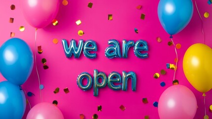 Festive background with bright confetti, balloons, and twinkling lights surrounding the bold text we are open in vibrant colors 