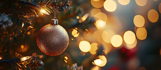 Wall Mural - Christmas themed close up decoration with ball and light bulb bokeh on a festive tree at night perfect as a copy space image