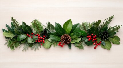 Wall Mural - Festive Christmas garland with a variety of winter greens and bright red berries on a light wooden background 