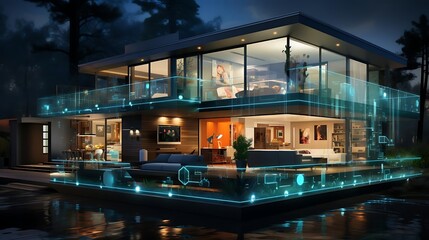 A modern house at night with transparent elements showcasing a futuristic design.