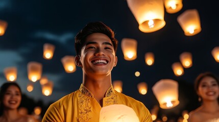 Poster - Group of friends dressed in traditional Thai attire, holding lit lanterns and smiling, with a dark night sky and rising lanterns above 