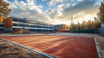 A view of the school's yard from the outside. As seen from the outside, an academic campus is being constructed, and high school construction can be seen nearby