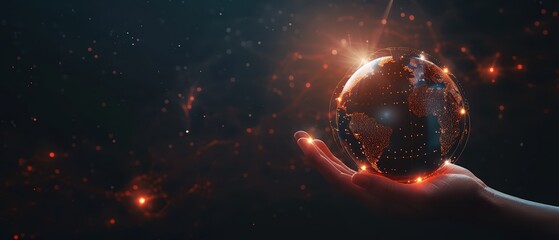 A hand holding a glowing globe, symbolizing connection and global unity with digital network elements in the background.