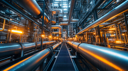 Poster - Complex web of pipelines stretching across the ceiling and floor of a contemporary industrial plant, bathed in soft lighting