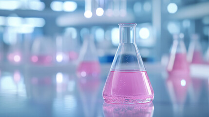 Poster - Pink chemical liquid in erlenmeyer flask is placed on a lab bench