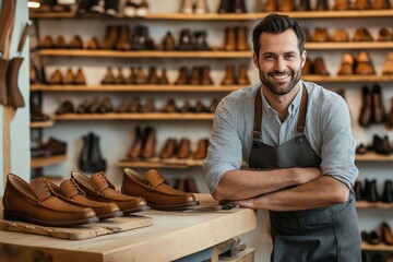 A man is standing in a shoe store with a smile on his face. He is wearing a white shirt and apron