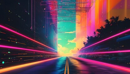 Wall Mural - Vibrant Cyberpunk Road with Abstract 80s Light and Colorful Digital Technology Elements