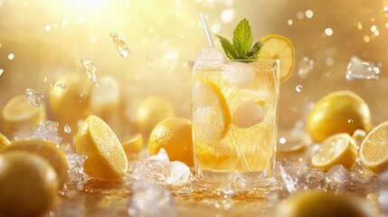 Canvas Print - Refreshing lemon drink with mint served over ice on a sunny day with bright background