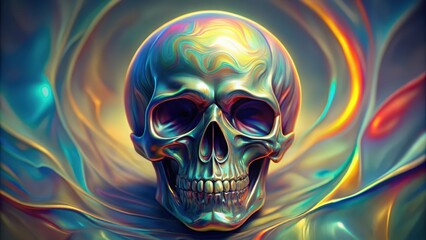 Metallic Skull on Iridescent Background