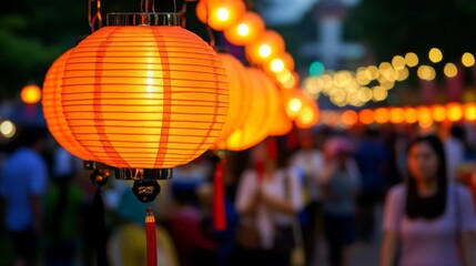 Poster - Night market during Yi Peng, with rows of food stalls, hanging lanterns, and festival-goers enjoying traditional Thai delicacies 