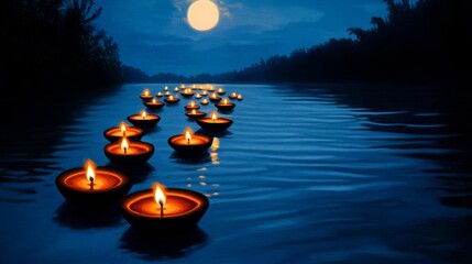 Poster - Night scene with a Diwali prayer ritual by the riverbank, oil lamps floating on water, reflecting the moonlight 