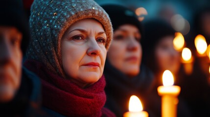 Sticker - Orthodox Christmas vigil with worshippers holding beeswax candles, bathed in the warm glow of numerous small oil lamps 