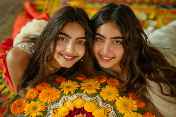 Wall Mural - Traditionally dressed Indian ethnic women making colourful arrangement with flowers at home